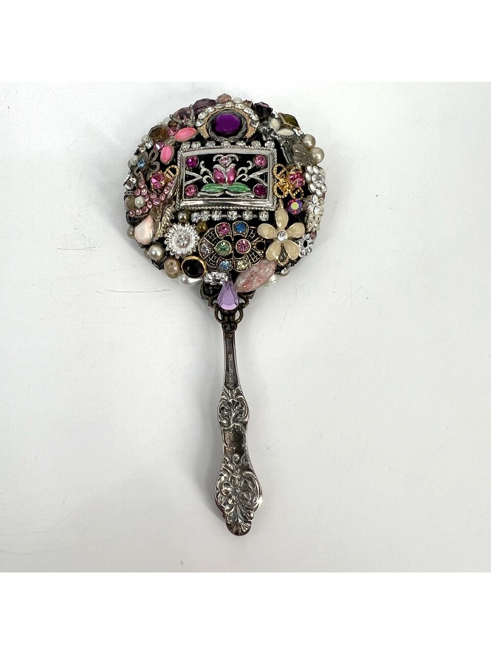Handcrafted Bejeweled Handheld Mirror Miniature Ladies Mosaic Jewelry Beveled 5"